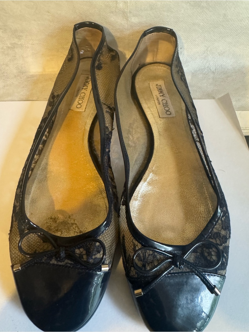 Jimmy Choo Blue lace  & Patent Ballet Flats with Bow Accent 10.5